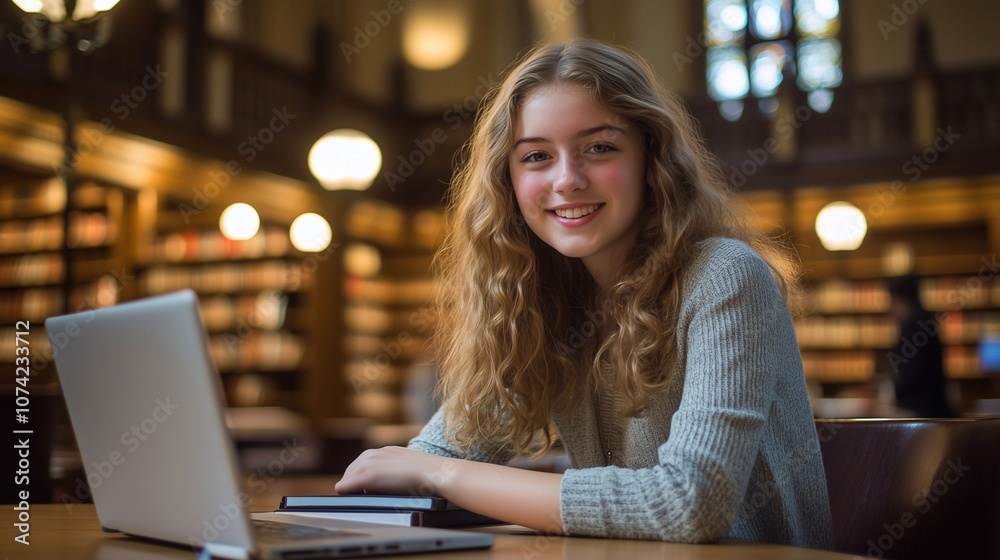 Happy smiling smart teenager girl enjoying being college student, sitting at table with books and laptop in university public library, looking at camera for portrait. Happy smiling smart teenager girl enjoying being college student, sitting at table with books and laptop in university public library, looking at camera for portrait.