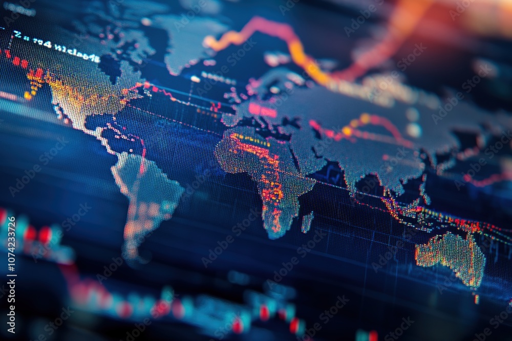 Fototapeta premium A close-up shot of a world map with data visualizations and financial graphs displayed on a screen.