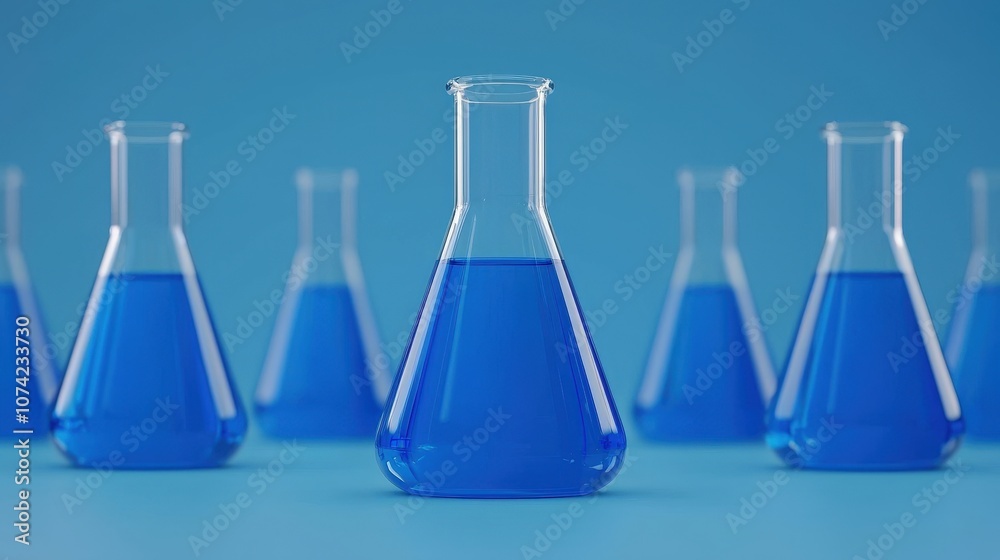 Blue Liquid in Beakers on Lab Table Scientific Experiment Chemistry Research Glasswar Blue Liquid in Beakers on Lab Table Scientific Experiment Chemistry Research Glasswar