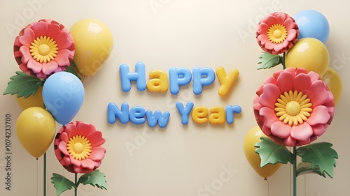 Cheerful Happy New Year 2025 with colorful balloons and playful theme