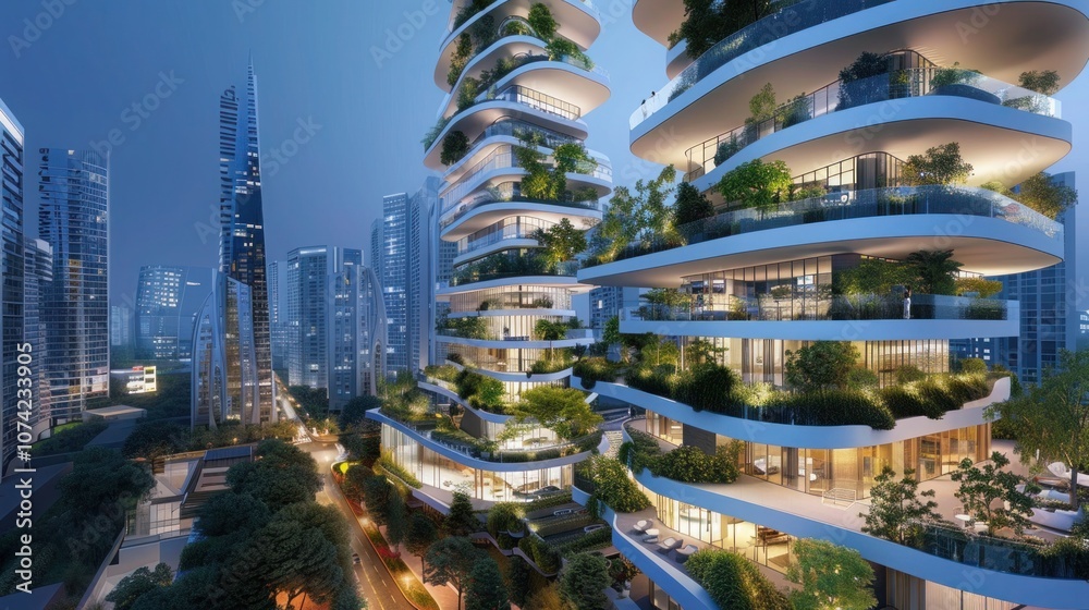 Fototapeta premium Futuristic smart buildings with AI-driven energy management, automated lighting, and climate control