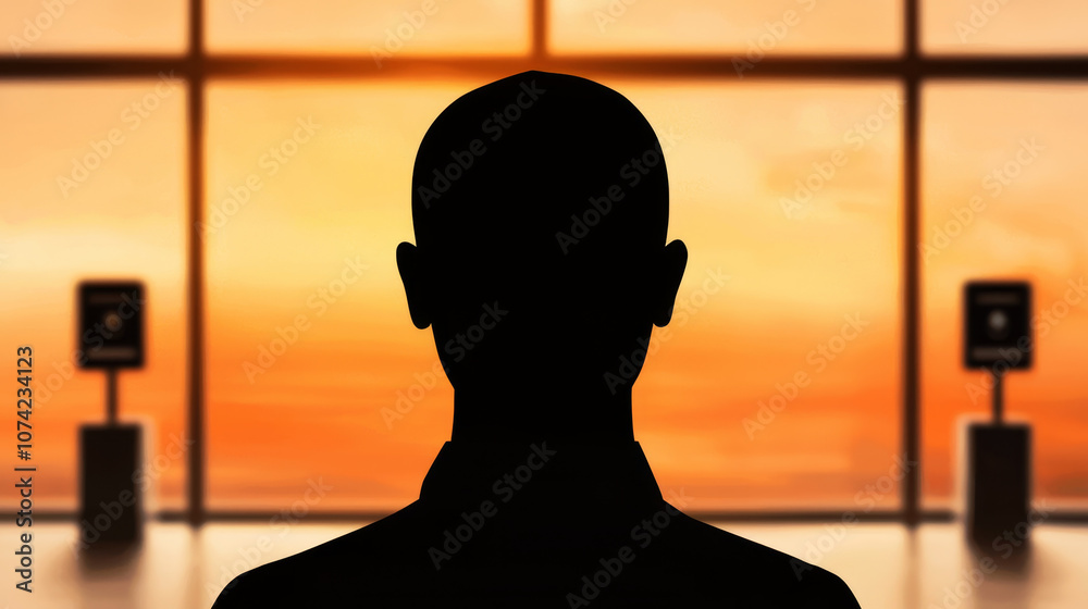 Silhouette of person against sunset backdrop in corporate setting, symbolizing security and technology Silhouette of person against sunset backdrop in corporate setting, symbolizing security and technology