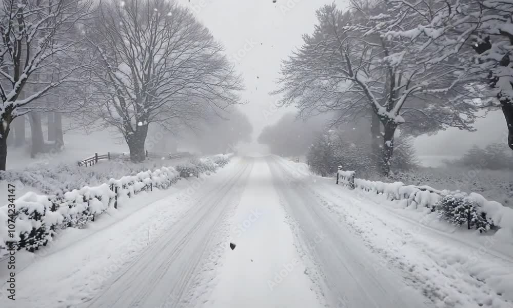 A serene, snow-covered road flanked by trees, evoking a peaceful winter landscape. A serene, snow-covered road flanked by trees, evoking a peaceful winter landscape.