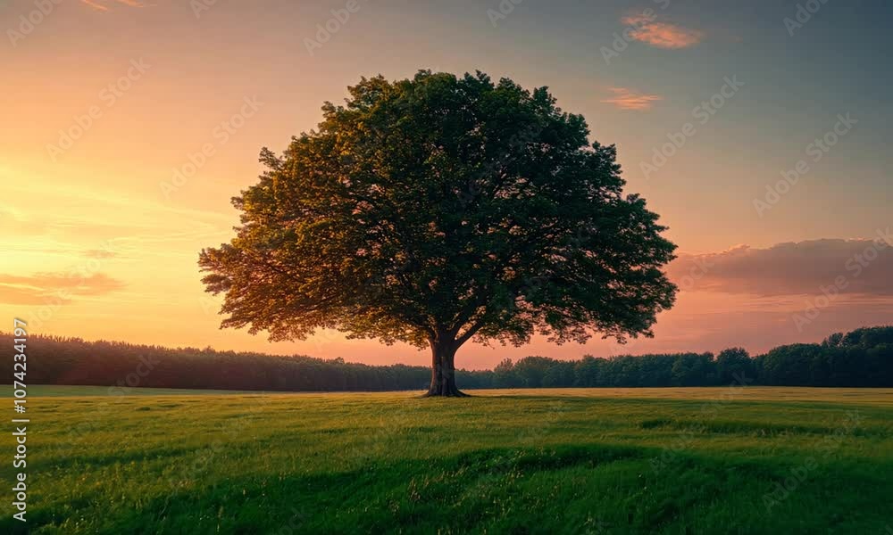 A solitary tree stands in a green field at sunset, surrounded by a serene landscape. A solitary tree stands in a green field at sunset, surrounded by a serene landscape.