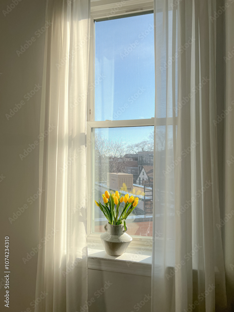 Fresh yellow tulips on a windowsill Fresh yellow tulips on a windowsill