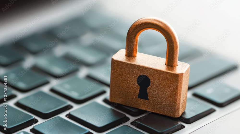 secure padlock on laptop keyboard symbolizes cybersecurity and protection. This conveys importance of safeguarding digital information in corporate workspace secure padlock on laptop keyboard symbolizes cybersecurity and protection. This conveys importance of safeguarding digital information in corporate workspace