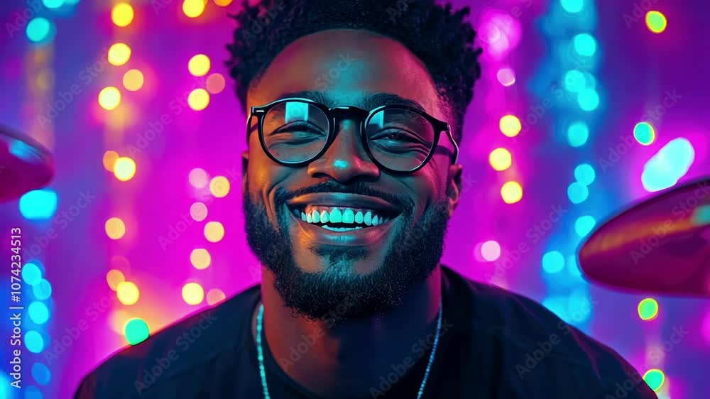 Joyful man with glasses smiling against colorful bokeh background Joyful man with glasses smiling against colorful bokeh background