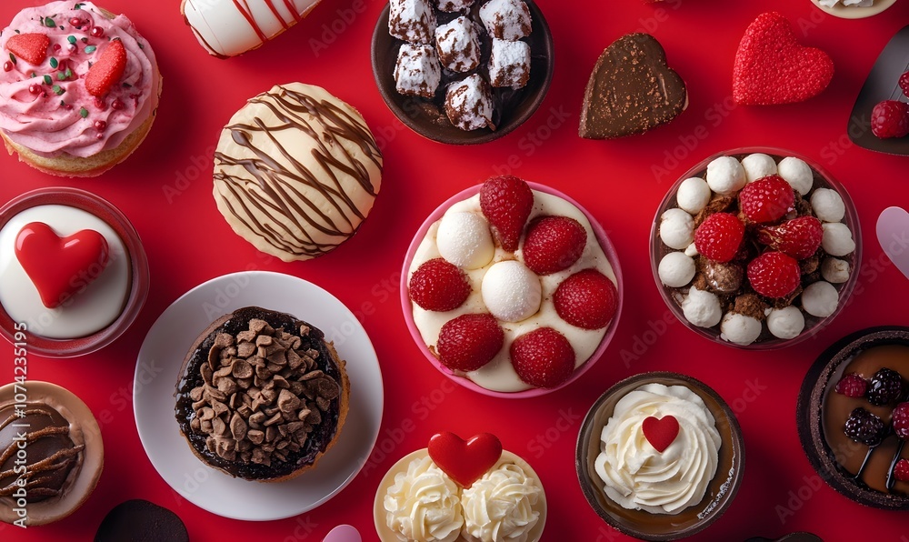 Dessert displayed on red surface, Generative AI