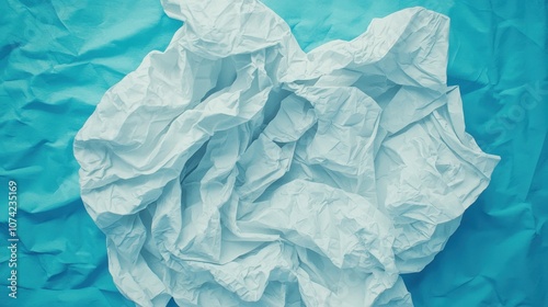 Crumpled White Paper on Blue Background Texture Abstract Minimalist