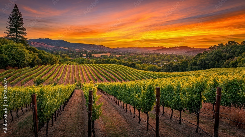 Naklejka premium Vineyard Rows at Sunset with Hills in the Background