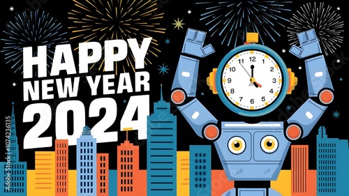 Colorful New Year 2024 celebration with futuristic robot and city skyline digital theme with glowing lights