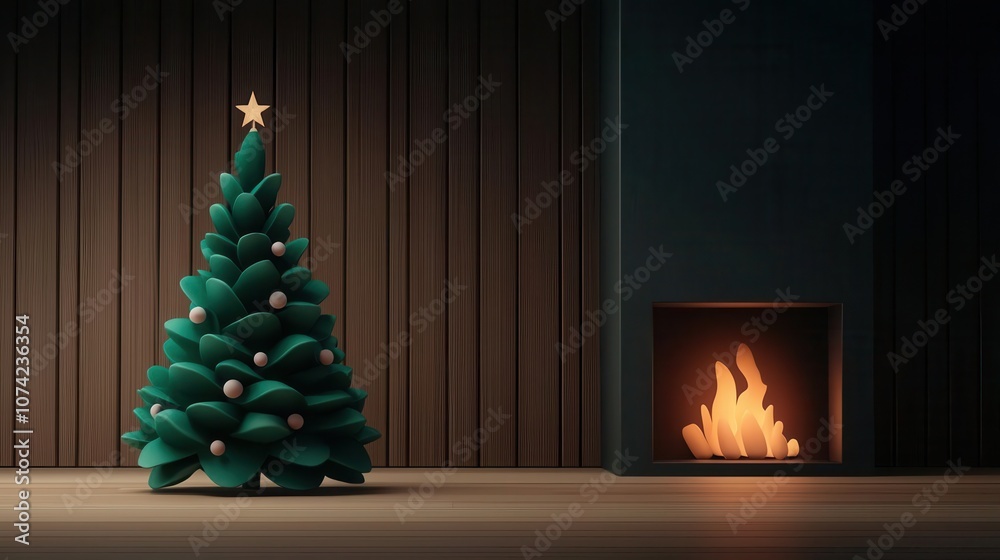Fototapeta premium Evergreen-decorated Christmas tree, warm cozy fireplace, 3D illustration