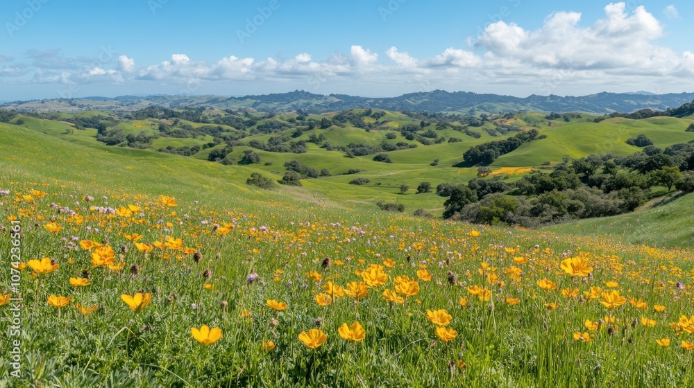 Rolling Hills Landscape with Wildflowers and Blue Sky Rolling Hills Landscape with Wildflowers and Blue Sky