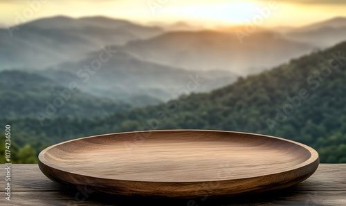 Wooden plate on table with blurred mountain background , Generative AI