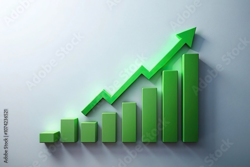 Close-up of green ascending arrow above histogram on light background