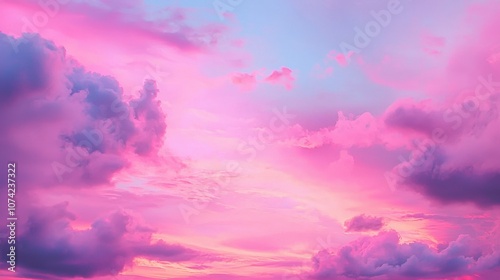 Pink and Blue Sky with Fluffy Clouds Dreamy Sunset Background