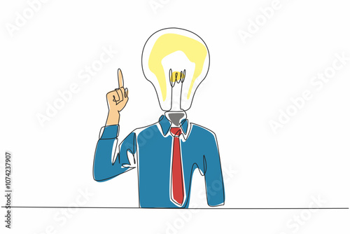 Single continuous line drawing of business man with bulb lamp head pointing finger into the open space. World Logic Day. Critical creative thinking. Template for poster, banner about big idea concept