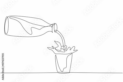 National Milk Day. One continuous line drawing of a milk in the bottle poured into the glass and make a milk splash. Template of poster, banner, and flyer to drink milk for healthy body campaign