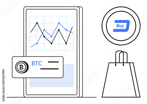 Graph on a smartphone with BTC label, adjacent circular buy button, and shopping bag. Ideal for finance, e-commerce, investments, mobile apps, cryptocurrency retail and technology. Line metaphor photo