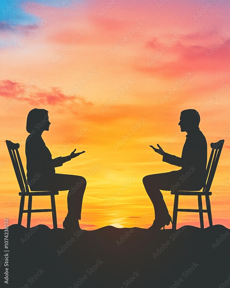 Obraz premium Strategic Speech Art Concept Leader's Persuasive Talk Design Silhouettes of two people conversing at sunset.