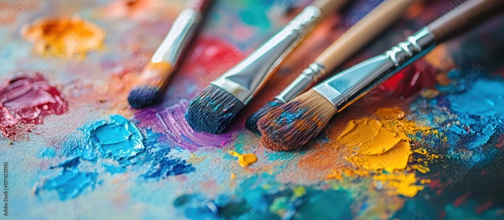 Close-up of colorful paint and paint brushes on a palette. Close-up of colorful paint and paint brushes on a palette.