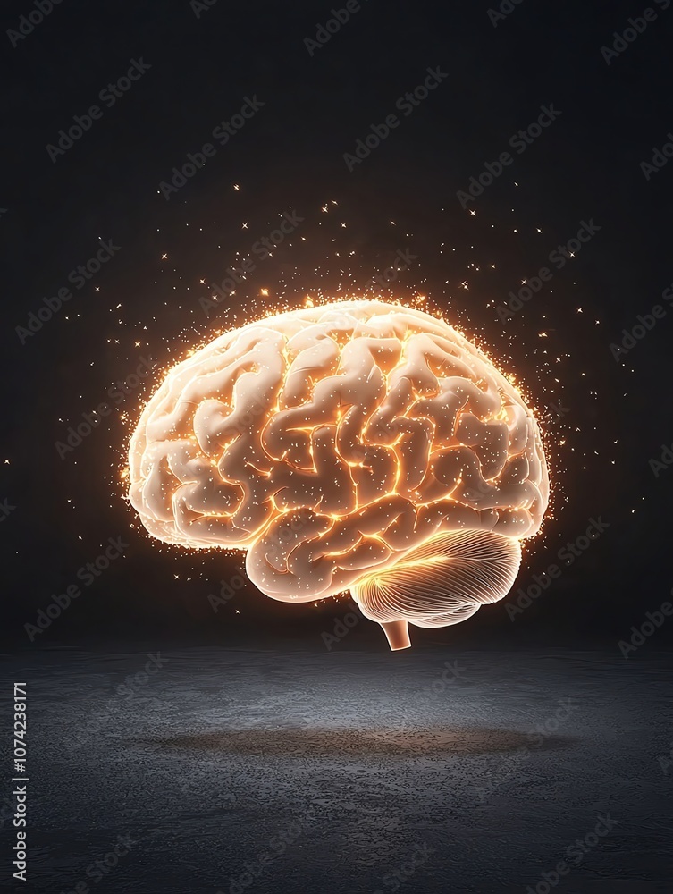 Strategic Speech Art Concept Leader's Persuasive Talk Design Illuminated brain with glowing sparks and light.