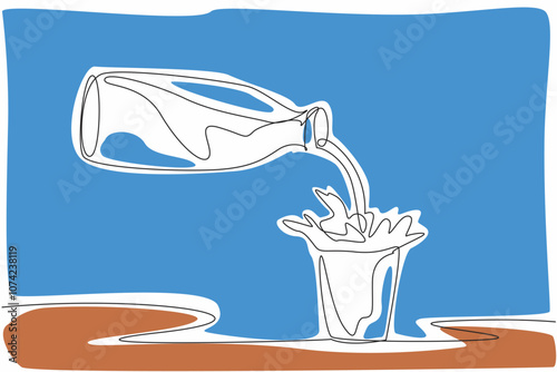 National Milk Day. One continuous line drawing of a milk in the bottle poured into the glass and make a milk splash. Template of poster, banner, and flyer to drink milk for healthy body campaign
