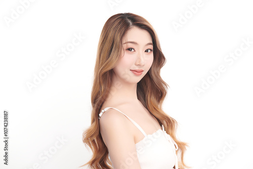 Beautiful young asian woman with clean fresh skin on white background, Face care, Facial treatment, Cosmetology, beauty and spa, Asian women portrait.