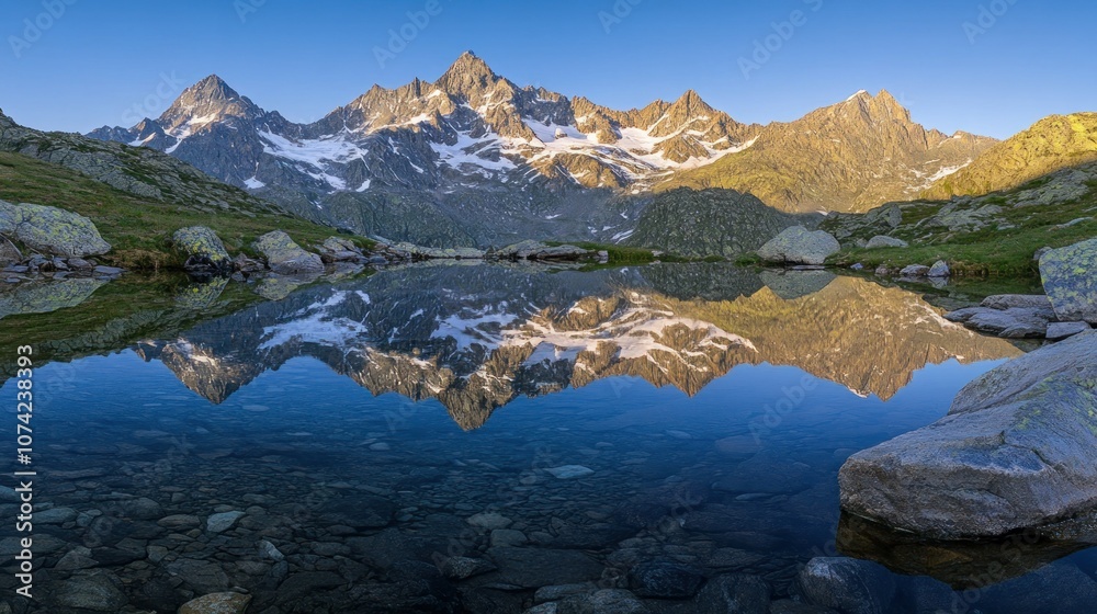 Obraz premium Mountain Range Reflected in a Still Alpine Lake at Sunrise