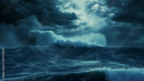 Lightning strikes over a turbulent ocean during a powerful storm