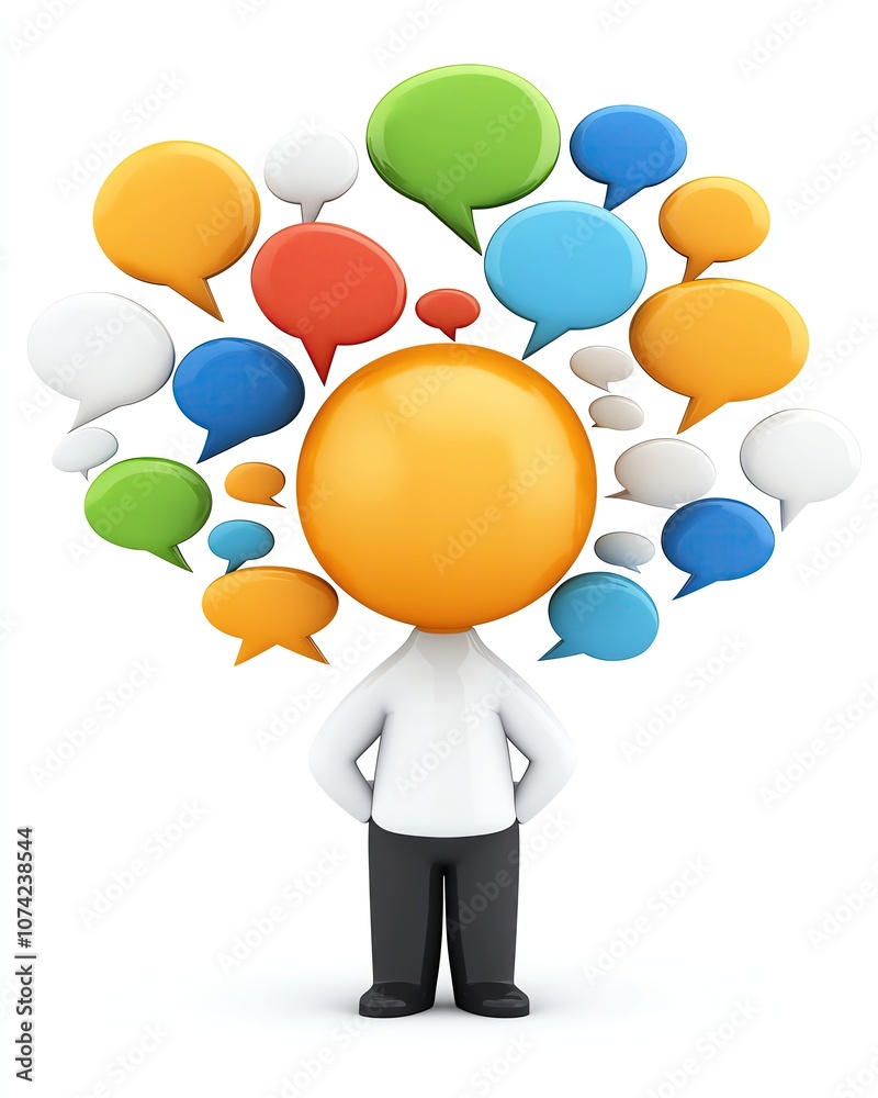 Strategic Speech Art Concept Leader's Persuasive Talk Design A person surrounded by colorful speech bubbles. Strategic Speech Art Concept Leader's Persuasive Talk Design A person surrounded by colorful speech bubbles.
