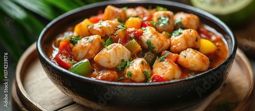 A close-up shot of a bowl of fish stew with peppers, tomatoes, and parsley.