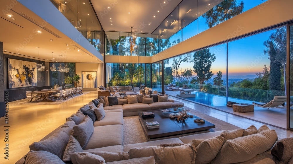 Fototapeta premium Modern luxury living room with high ceilings, large sectional couch, wall-to-wall glass doors