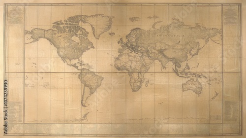 A world map printed on textured canvas with subtle grid lines and borders