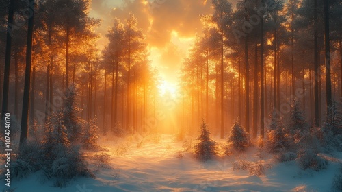 Serene winter forest at sunset, illuminated by warm light.