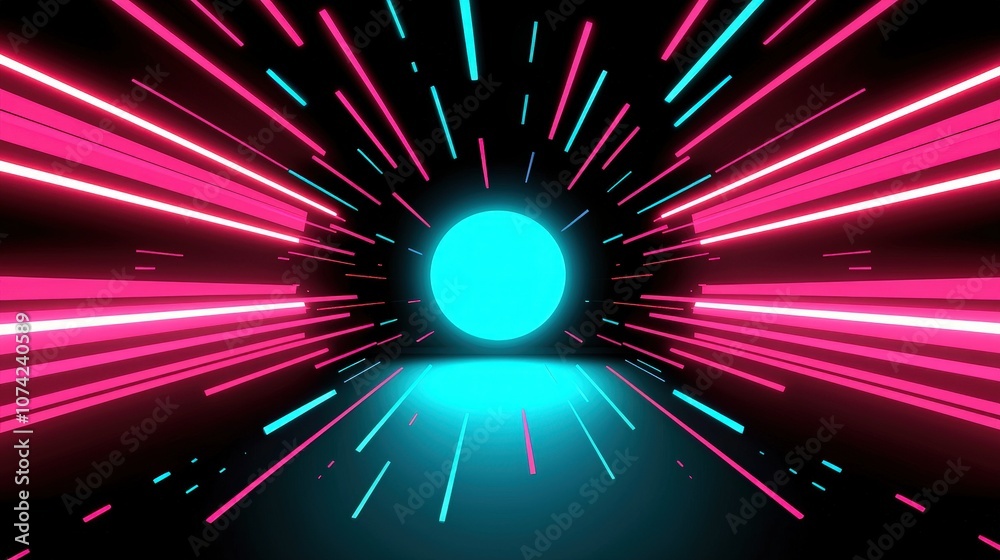 Naklejka premium Abstract Neon Light Trails and Sphere on Black Background