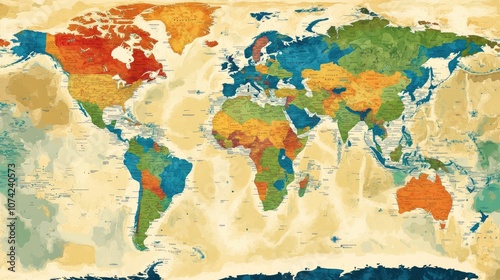 Fototapeta Naklejka Na Ścianę i Meble -  A world map with climate zones, illustrated with colored regions and symbols
