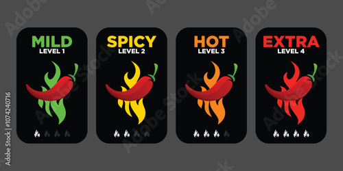 Hot spicy level labels of vector chili. Spicy food or sauce taste scale indicators, green, red, yellow and orange rating signs for hot, extra and mild taste