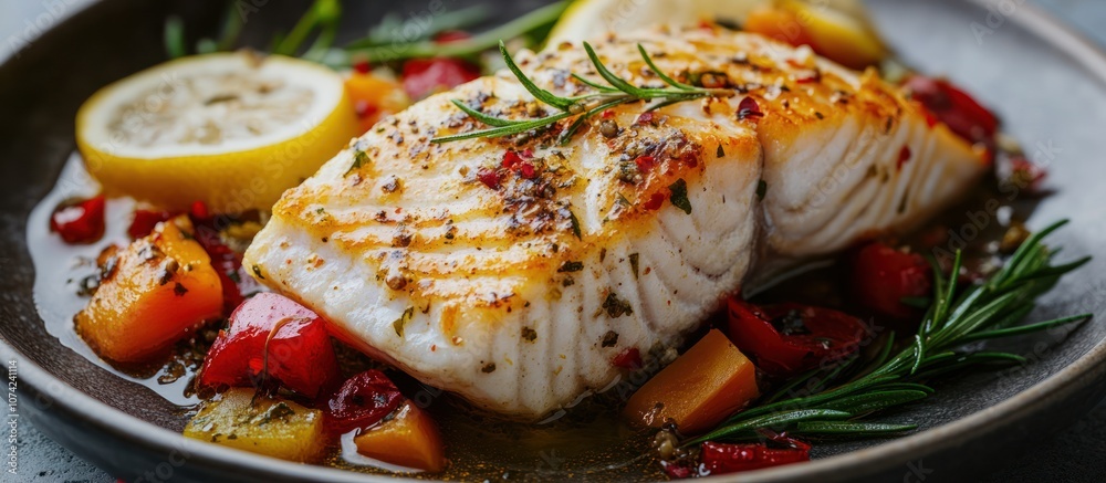 Grilled fish with lemon and vegetables on a plate. Grilled fish with lemon and vegetables on a plate.