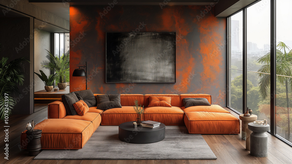 Minimalist, loft interior design of modern living room with earthy tones, featuring a terra cotta sectional sofa, black coffee table, and a textured wall art piece. Desig concept Minimalist, loft interior design of modern living room with earthy tones, featuring a terra cotta sectional sofa, black coffee table, and a textured wall art piece. Desig concept