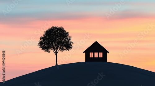 Silhouette of a House and Tree on a Hill at Sunset