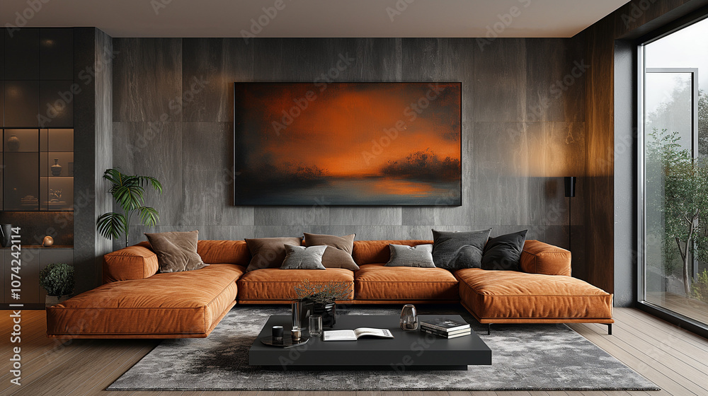 Fototapeta premium Minimalist, loft interior design of modern living room with earthy tones, featuring a terra cotta sectional sofa, black coffee table, and a textured wall art piece. Desig concept