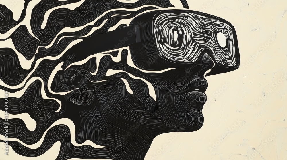 Abstract Art Representation of a Person Wearing Virtual Reality Goggles with Flowing Patterns and Dynamic Lines Capturing Imagination and Immersion in Technology Abstract Art Representation of a Person Wearing Virtual Reality Goggles with Flowing Patterns and Dynamic Lines Capturing Imagination and Immersion in Technology