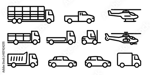 transportation car truck forklift rear vehicle icon set collection line stroke outline transport logistics double cabin sedan and hatchback