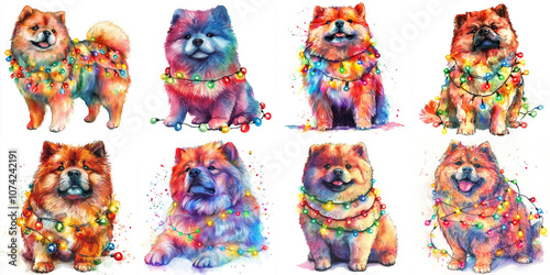 Adorable watercolor illustrations of Chow Chow dogs adorned with colorful Christmas lights, capturing the joy and festive spirit of the season. These whimsical images evoke a sense of warmth, playful