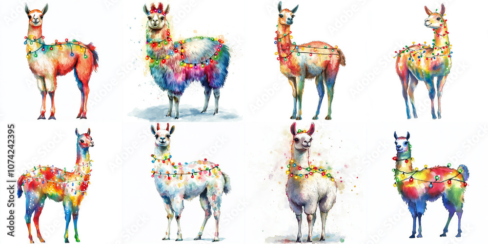 Naklejka premium Watercolor illustration of six llamas adorned with colorful Christmas lights, symbolizing holiday cheer, festive spirit, whimsical charm, animal love, and winter joy.