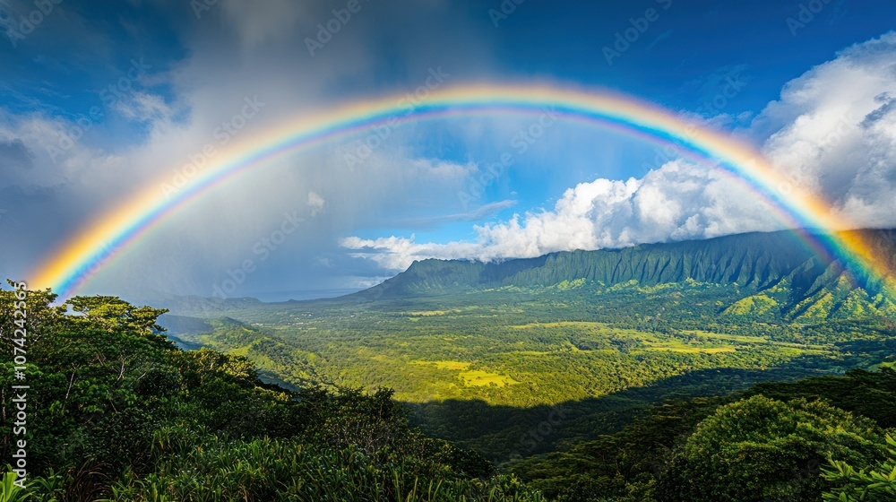 Rainbow Arcing Over Lush Green Mountains and Valley Rainbow Arcing Over Lush Green Mountains and Valley