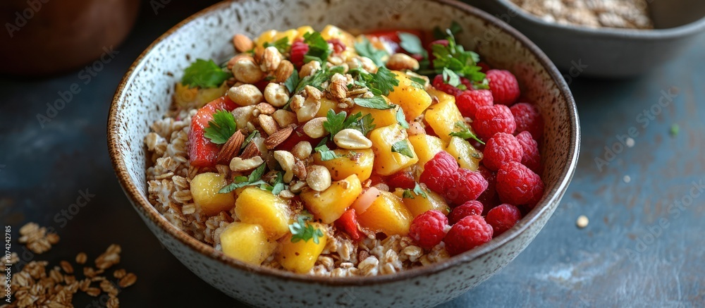 Bowl of oatmeal with mango, raspberries, and nuts, sprinkled with cilantro. Bowl of oatmeal with mango, raspberries, and nuts, sprinkled with cilantro.