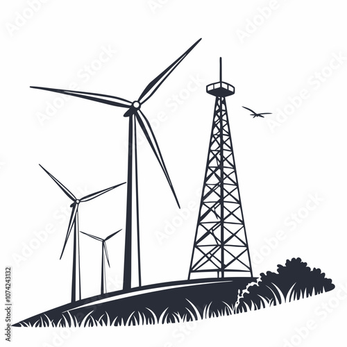 Wind turbines silhouette  vector illustration 