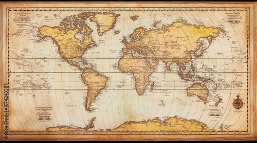 Fototapeta Naklejka Na Ścianę i Meble -  Close-up of a classic world map with geographic lines and markers, retro style